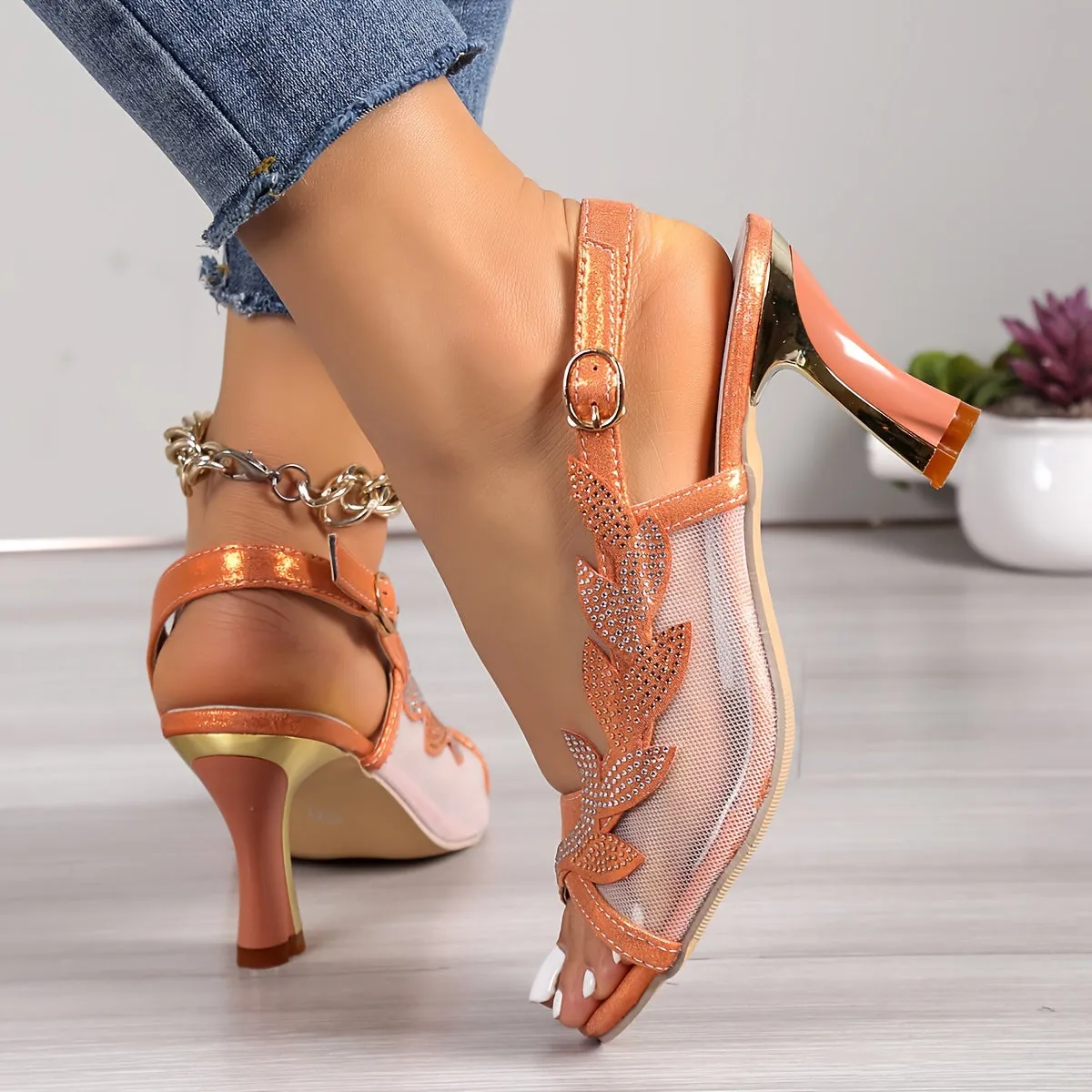 Tacones de bloque con decoracin de diamantes de imitacin para mujer, sandalias con correa de hebilla de malla a la moda, sandalias de vestir verstiles No Show Socks With Dress Shoes