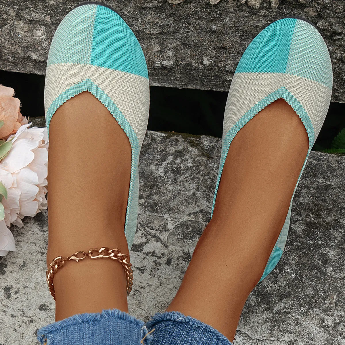 Fashion Colorblock Flats Shoes Flying Woven Breathable Cozy Loafers For Women Casual Loafers With Shorts