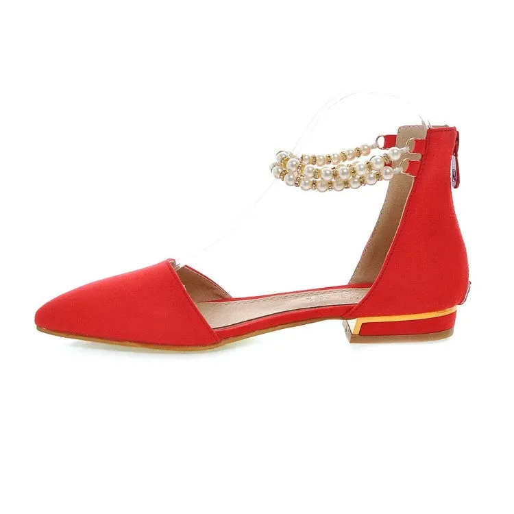 Women's Pointed Toe Solid Color Pearls Beading Ankle Strap Flat Sandals Ecco Shoes Flats
