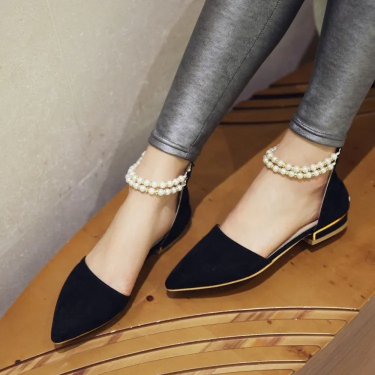 High Quality Flat Shoes Women's Pointed Toe Solid Color Pearls Beading Ankle Strap Flat Sandals