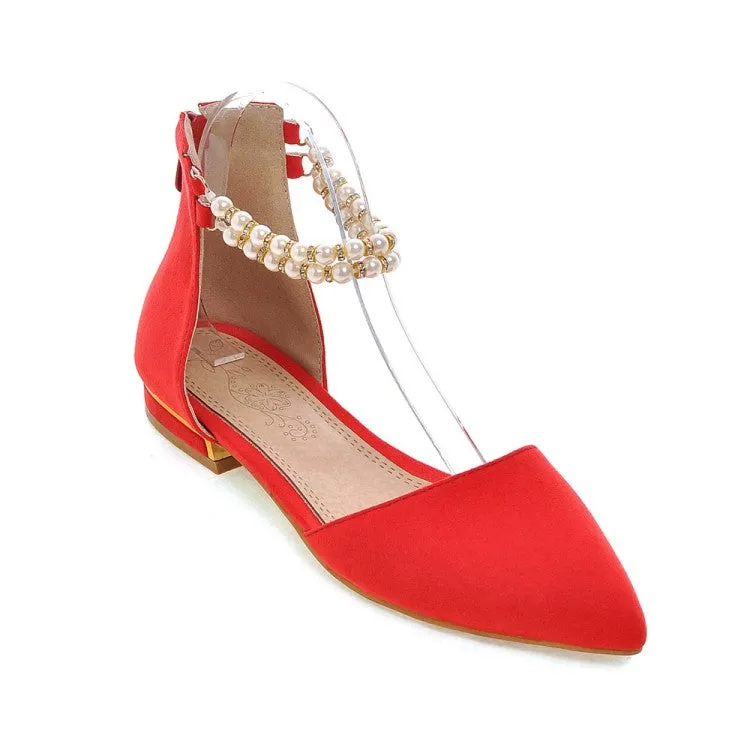 Fashion Flats Shoes Women's Pointed Toe Solid Color Pearls Beading Ankle Strap Flat Sandals