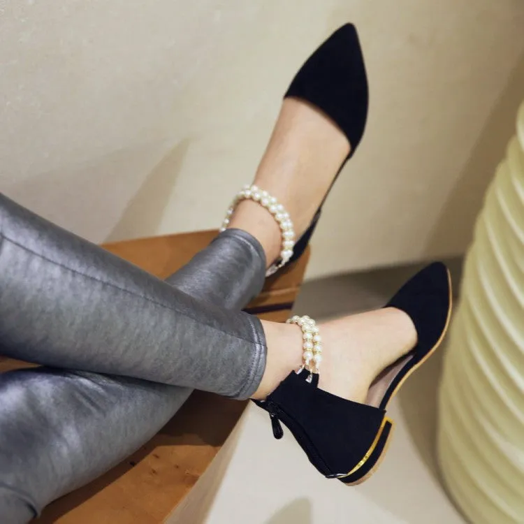 Women's Pointed Toe Solid Color Pearls Beading Ankle Strap Flat Sandals Best Shoe Width For Flat Feet