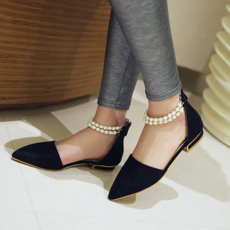 Women's Pointed Toe Solid Color Pearls Beading Ankle Strap Flat Sandals The Best Shoes For Flat Feet