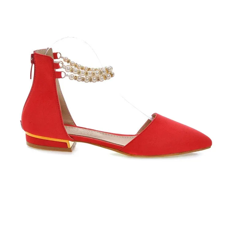 Women's Pointed Toe Solid Color Pearls Beading Ankle Strap Flat Sandals Flat Shoes Cause Foot Pain