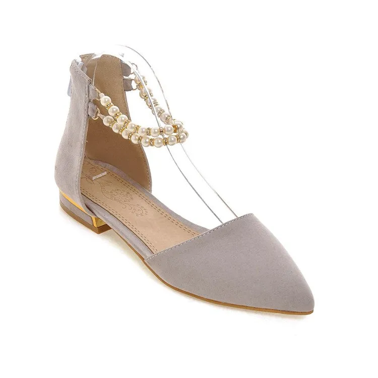 Flat Shoes Make My Feet Hurt Women's Pointed Toe Solid Color Pearls Beading Ankle Strap Flat Sandals
