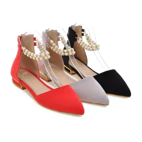 Pearl Shoes Flats Women's Pointed Toe Solid Color Pearls Beading Ankle Strap Flat Sandals