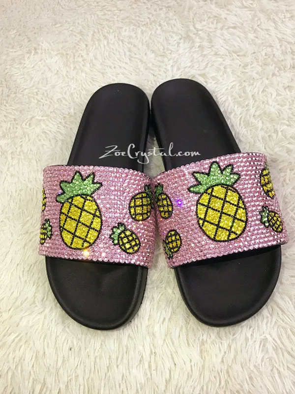 Fashionable Summer Pink SANDALS / SLIDES with Pineapples Vince Slides