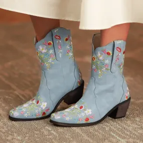 Women cowboy boots | Embroidered flower chunky heel short boots | Square toed blue boots Cowboy Boots With Skinny Jeans