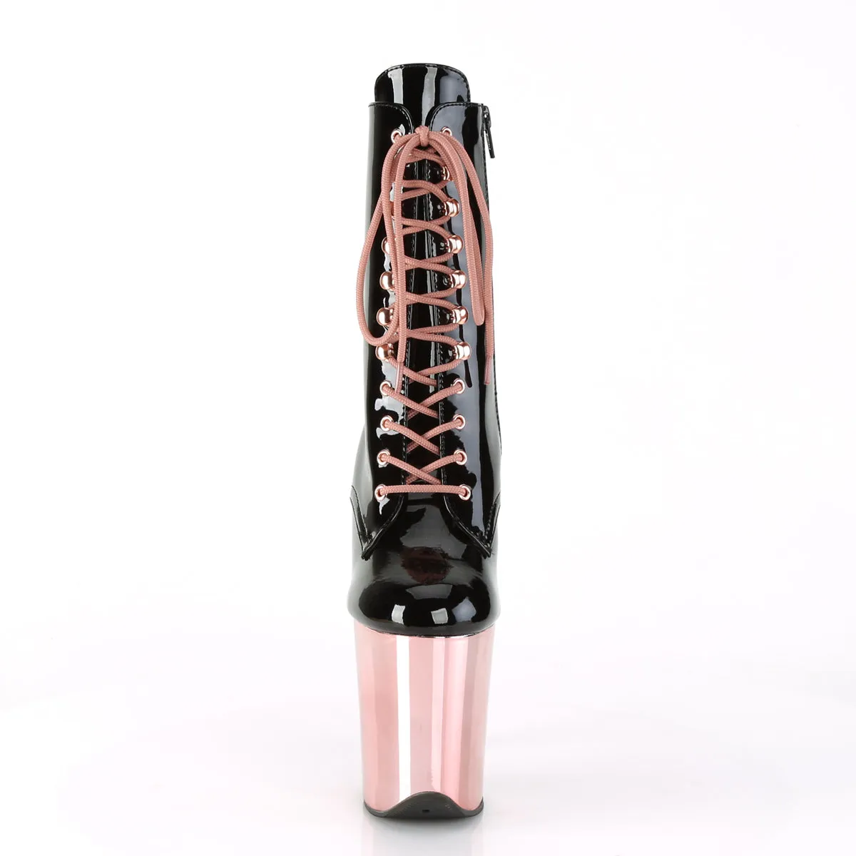 8 Inch Heel FLAMINGO-1020 Black Pat Rose Gold Chrome Georgia Work