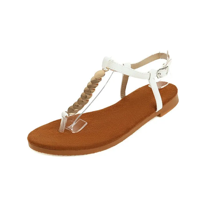 Women's Round Toe Metal Sequins Ankle Strap Flat Sandals Flat Trail Shoes