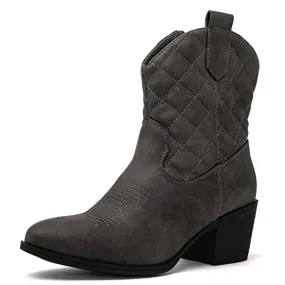 GLOBALWIN Women's Grey Quilted Mid Calf The Western Cowboy Cowgirl Boots 7M Black Platform Heel Boots