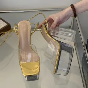 Transparent Cross Strap platform High Heel sandals Asics Running Shoes Size 13