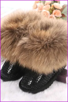 Snow Boots Women Wide Genuine Leather Raccoon Fur Snow Boots F187
