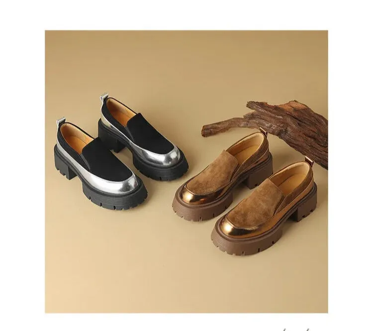 Women's Pumps Cow suede Leather Shoes Round Toe Thick Heel Shoes Mixed Colors Slip-on G.h. Bass Loafers