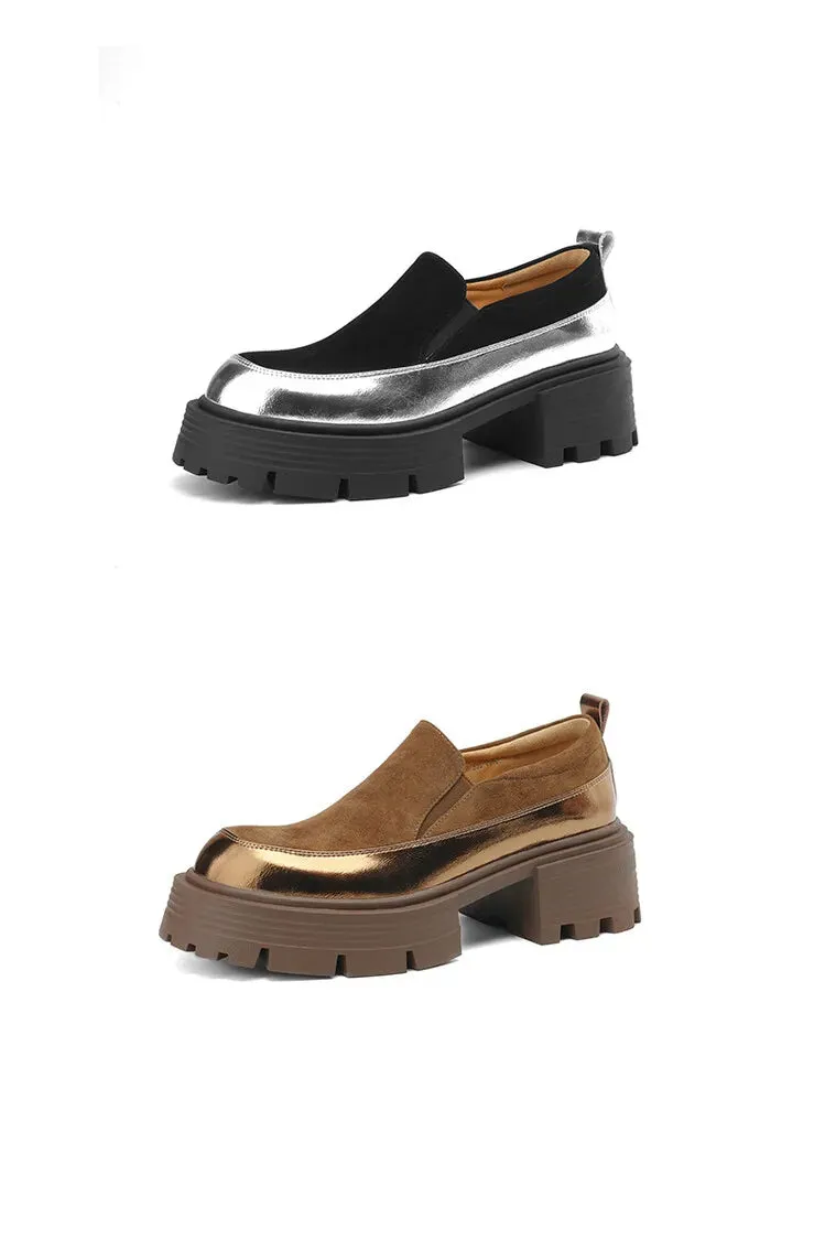 High Heel Platform Loafers Women's Pumps Cow suede Leather Shoes Round Toe Thick Heel Shoes Mixed Colors Slip-on