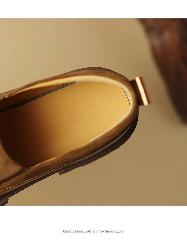 Women's Pumps Cow suede Leather Shoes Round Toe Thick Heel Shoes Mixed Colors Slip-on Chunky Loafers With Dress