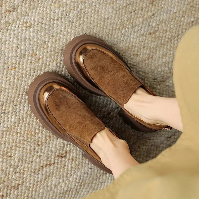Women's Pumps Cow suede Leather Shoes Round Toe Thick Heel Shoes Mixed Colors Slip-on Sas Loafers