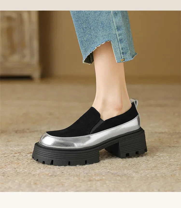 Johnston Murphy Loafers Women's Pumps Cow suede Leather Shoes Round Toe Thick Heel Shoes Mixed Colors Slip-on