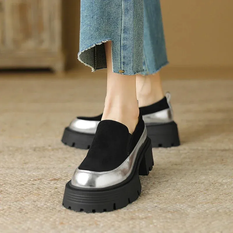 Women's Pumps Cow suede Leather Shoes Round Toe Thick Heel Shoes Mixed Colors Slip-on Naturalizer Darry Lug Sole Loafers