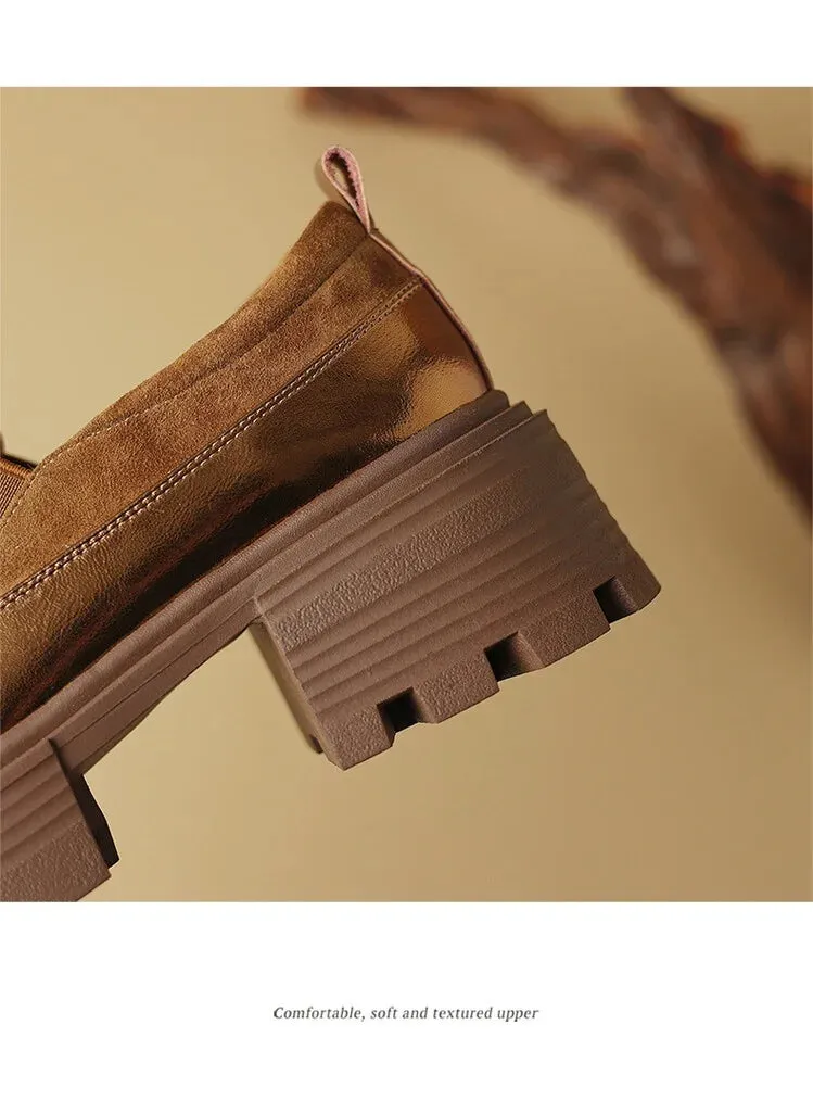 Women's Pumps Cow suede Leather Shoes Round Toe Thick Heel Shoes Mixed Colors Slip-on Cargo Pants And Loafers Outfit