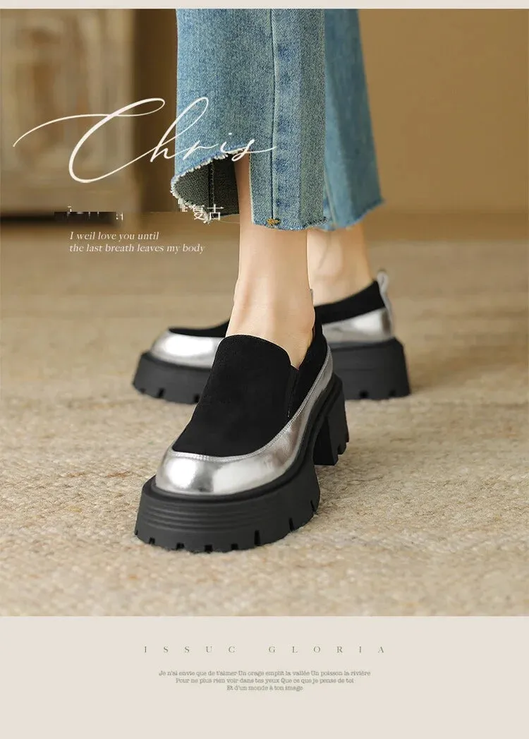 Slip On Canvas Loafers Women's Pumps Cow suede Leather Shoes Round Toe Thick Heel Shoes Mixed Colors Slip-on