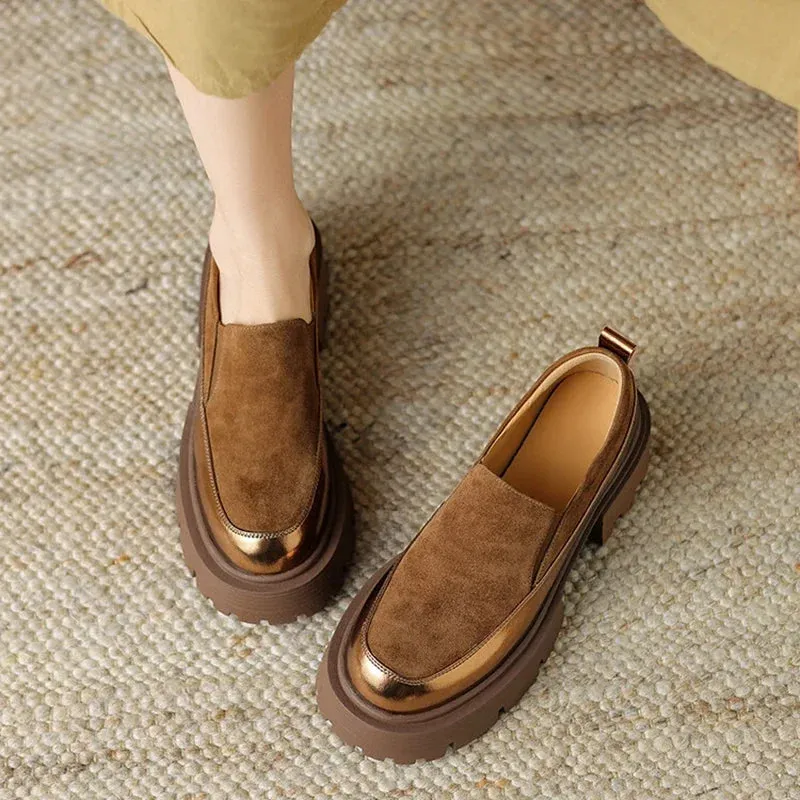 Best Bit Loafers Women's Pumps Cow suede Leather Shoes Round Toe Thick Heel Shoes Mixed Colors Slip-on