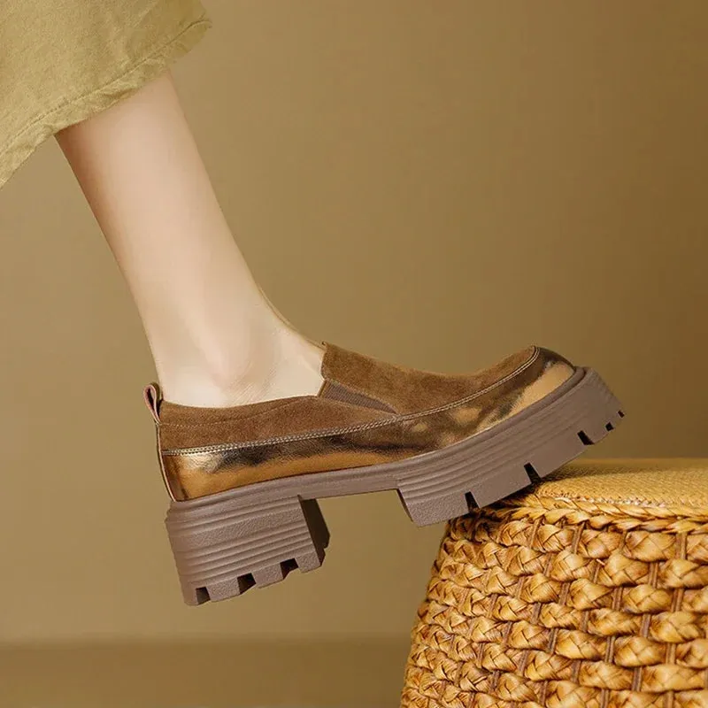 Steve Madden Lando Leather Loafers Women's Pumps Cow suede Leather Shoes Round Toe Thick Heel Shoes Mixed Colors Slip-on