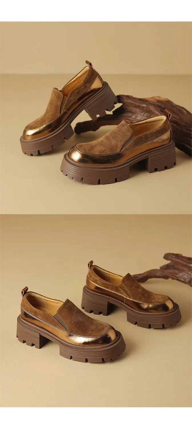 Loafers Club Women's Pumps Cow suede Leather Shoes Round Toe Thick Heel Shoes Mixed Colors Slip-on