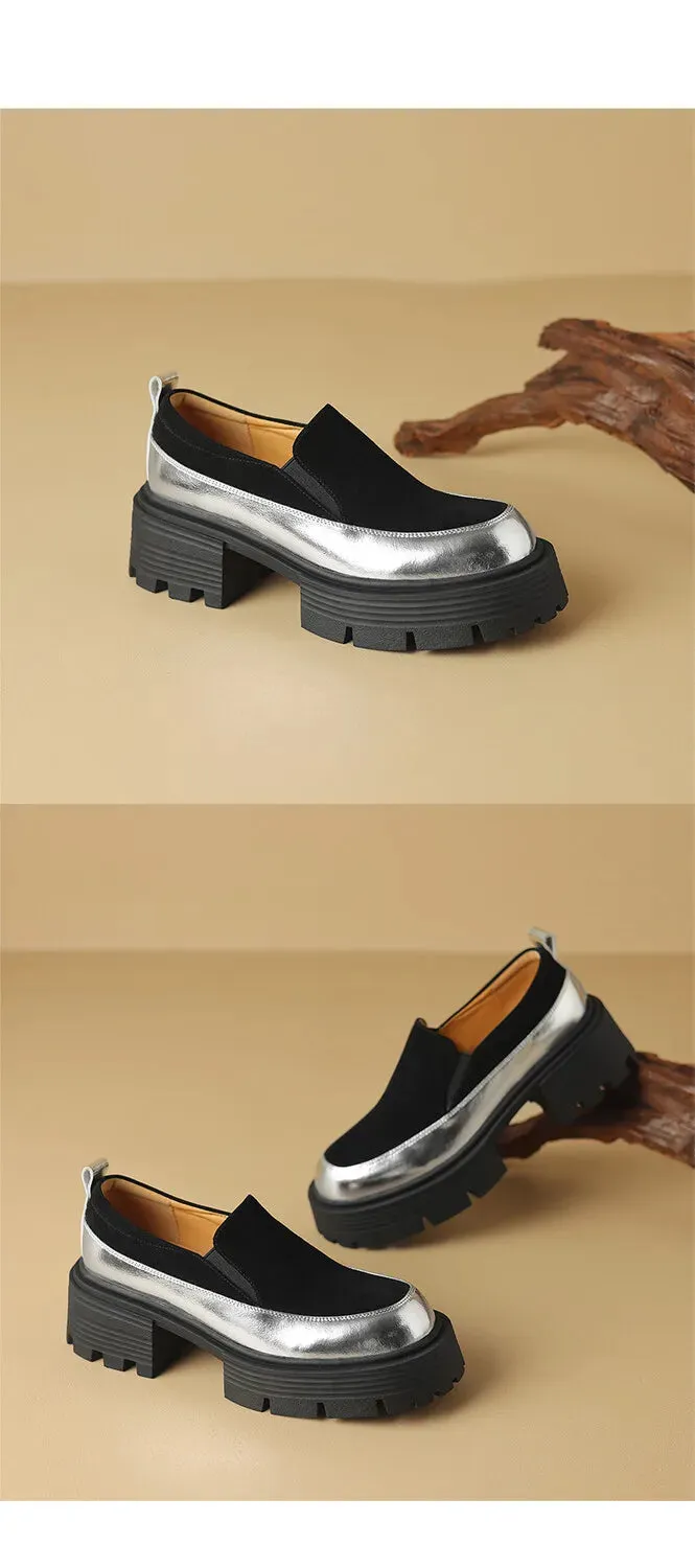 Women's Pumps Cow suede Leather Shoes Round Toe Thick Heel Shoes Mixed Colors Slip-on Fitflop Loafers