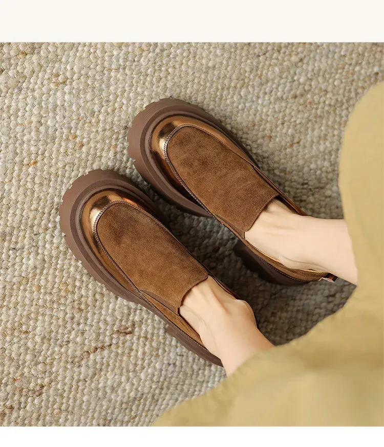 Haruta Penny Loafers Women's Pumps Cow suede Leather Shoes Round Toe Thick Heel Shoes Mixed Colors Slip-on