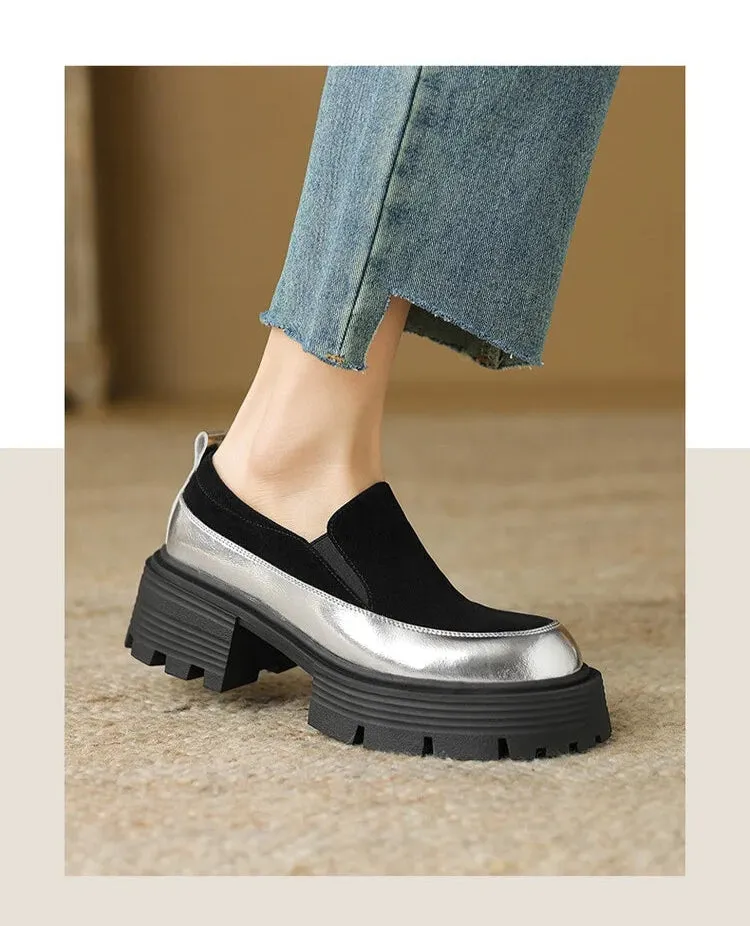 Women's Pumps Cow suede Leather Shoes Round Toe Thick Heel Shoes Mixed Colors Slip-on Trendy Loafers