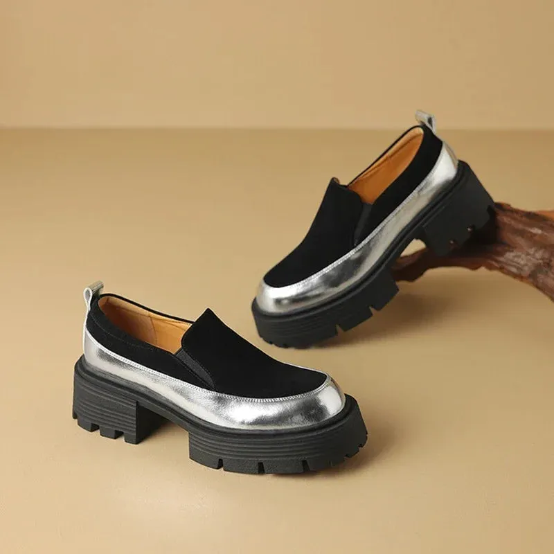 Loafers With Toe Separation Women's Pumps Cow suede Leather Shoes Round Toe Thick Heel Shoes Mixed Colors Slip-on