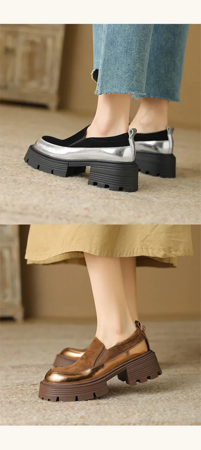 Women's Pumps Cow suede Leather Shoes Round Toe Thick Heel Shoes Mixed Colors Slip-on Shorts With Loafers