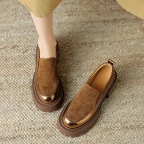 Women's Pumps Cow suede Leather Shoes Round Toe Thick Heel Shoes Mixed Colors Slip-on Hush Puppies Suede Loafers