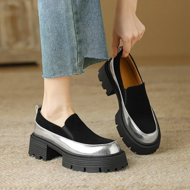 Loafers Gucci Women's Pumps Cow suede Leather Shoes Round Toe Thick Heel Shoes Mixed Colors Slip-on