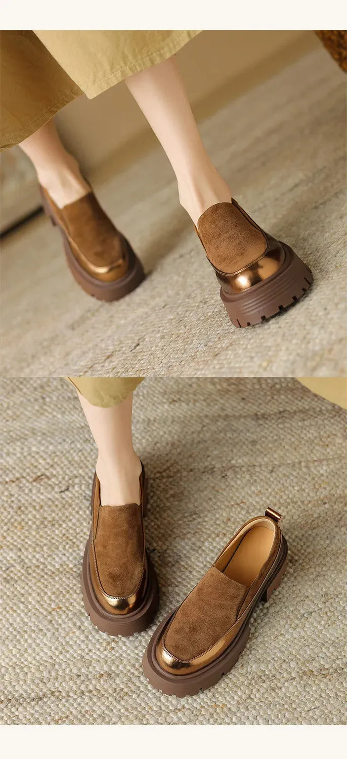 Women's Pumps Cow suede Leather Shoes Round Toe Thick Heel Shoes Mixed Colors Slip-on Penny Loafers Narrow Width