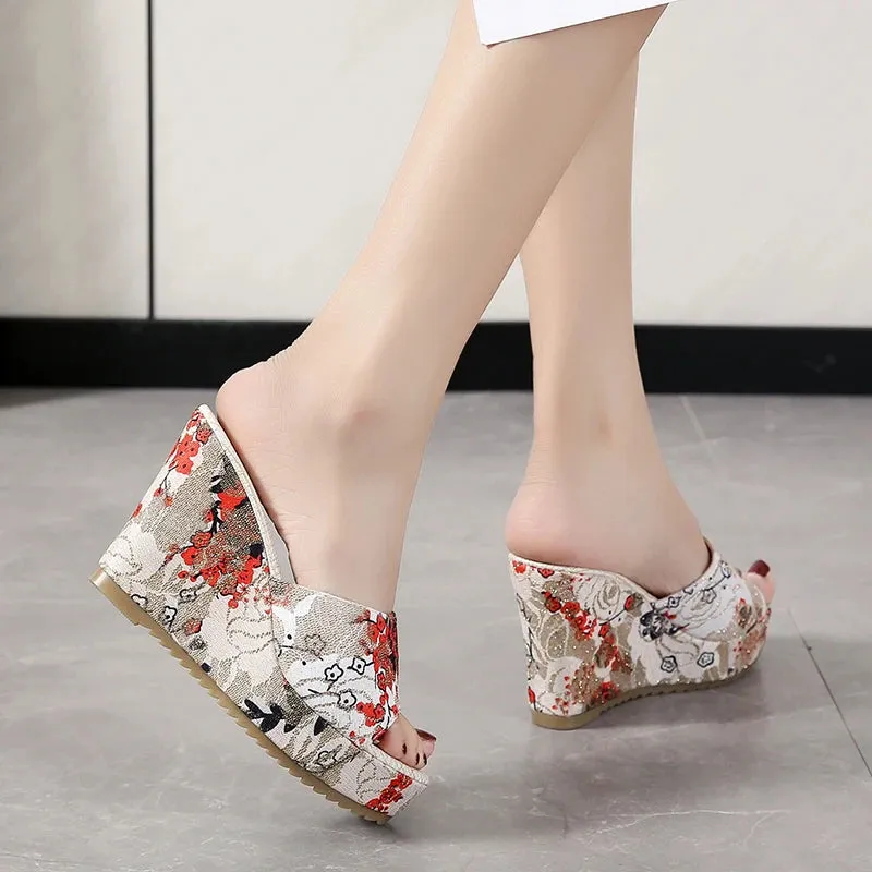 Eye Slippers FZ Women's Casual Flip Flops Vintage Floral Print Peep Toe Wedge Shoes