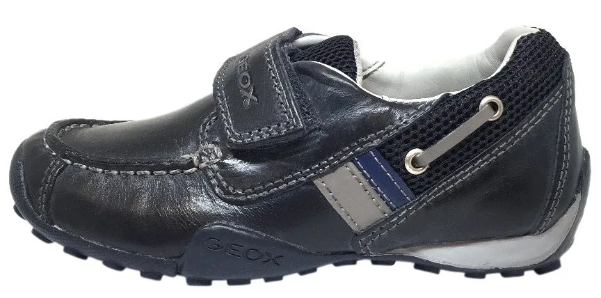 Geox Respira Boy's J Snake Moc Navy Light Grey Leather Hook and Loop Strap Moc Sneaker Boat Shoe Asics Stable Running Shoes