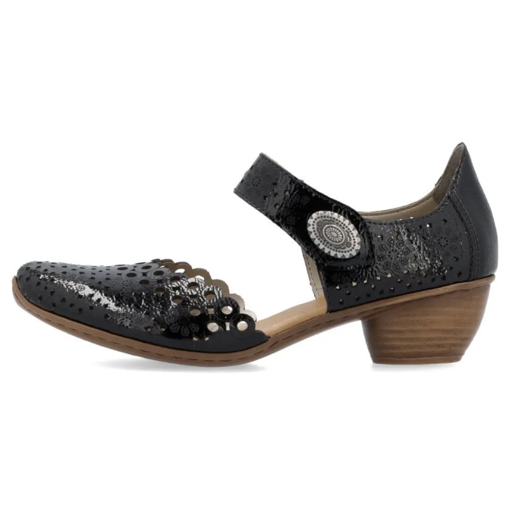 Rieker Mirjam 53 Nero/Black Leather Heel (Women's) Wide Dress Shoes With Arch Support