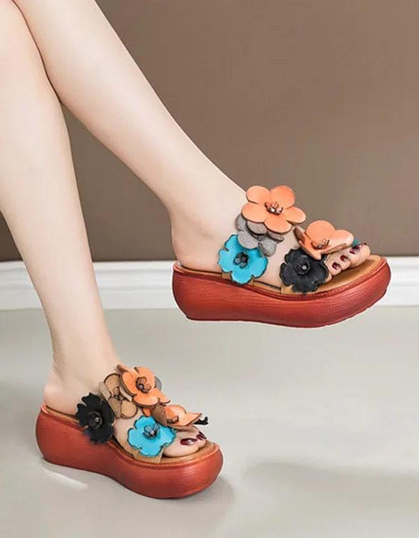 Fluffy Heeled Slippers Handmade Retro Flower Summer Beach Slippers