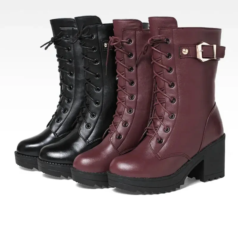 High-heeled Genuine Leather Women Winter Boots Thick Wool Warm Women Biker Boots High-quality Female Snow Boots K25 Best Snow Hiking Boots