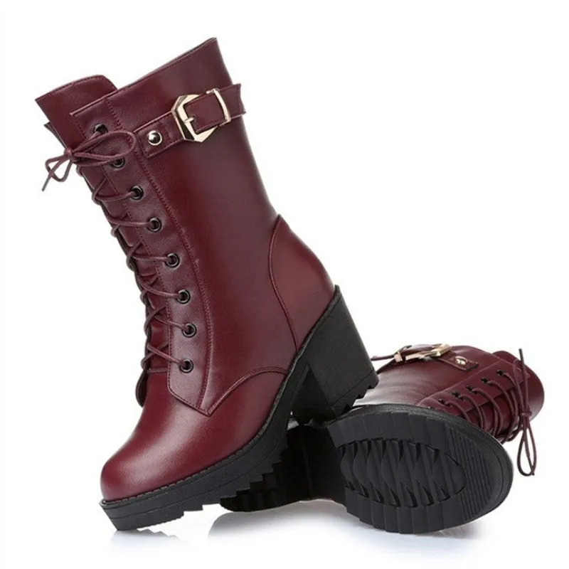 High-heeled genuine leather women winter boots, thick wool warm women Martin boots, high-quality female snow boots Infant Snow Boots