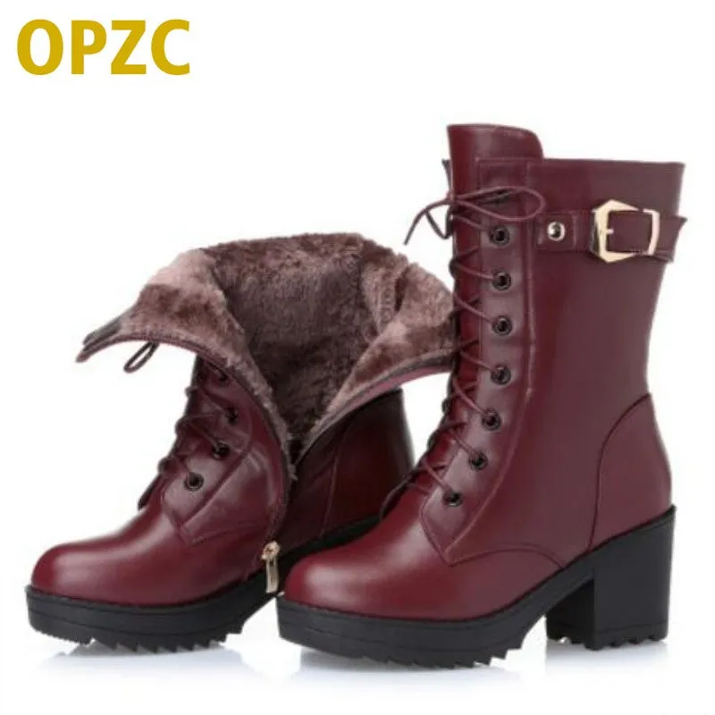 High-heeled genuine leather women winter boots, thick wool warm women Martin boots, high-quality female snow boots Low Profile Snow Boots
