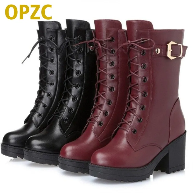 High-heeled genuine leather women winter boots, thick wool warm women Martin boots, high-quality female snow boots Waterproof Snow Boots Fur