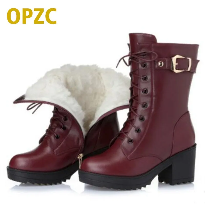 Wide Size Snow Boots High-heeled genuine leather women winter boots, thick wool warm women Martin boots, high-quality female snow boots