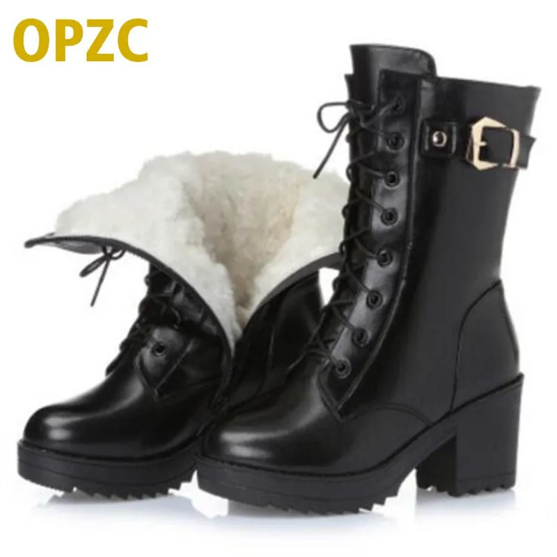 Snow Boots Burton High-heeled genuine leather women winter boots, thick wool warm women Martin boots, high-quality female snow boots
