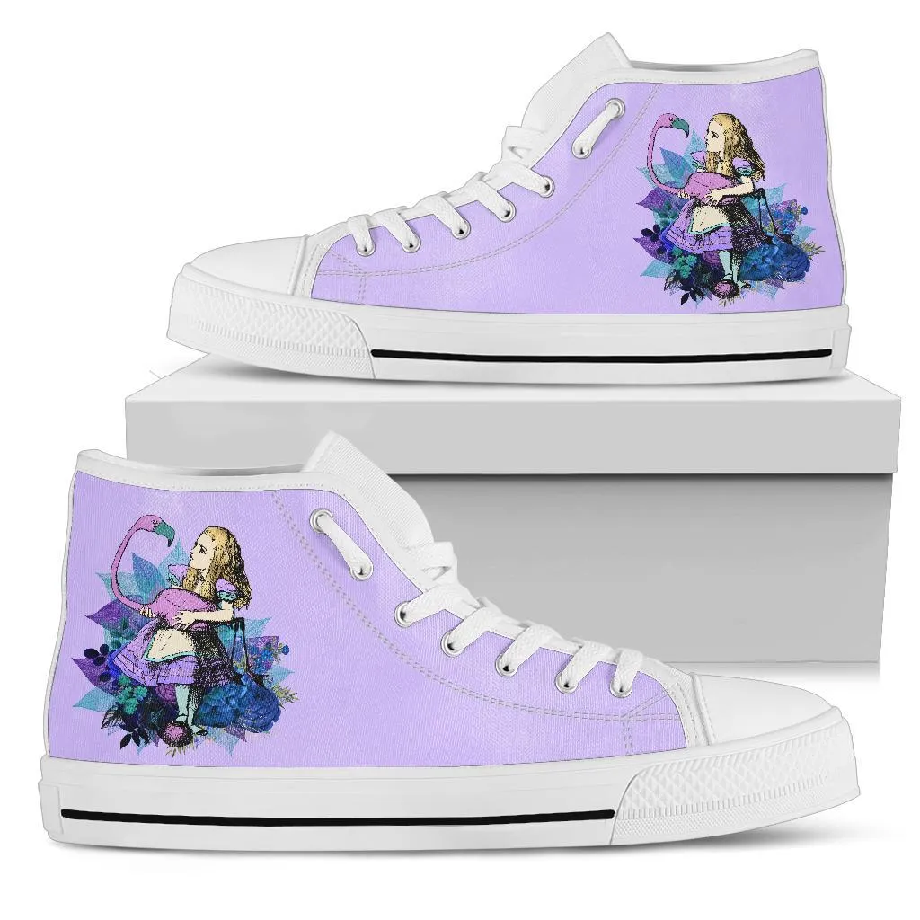 Ladies Dress Shoes Low Heel High Top Sneakers - Alice in Wonderland Gifts #22 White/Purple | Birthday Gifts, Gift Idea, Custom Sneakers Women, Custom Women's Sneakers