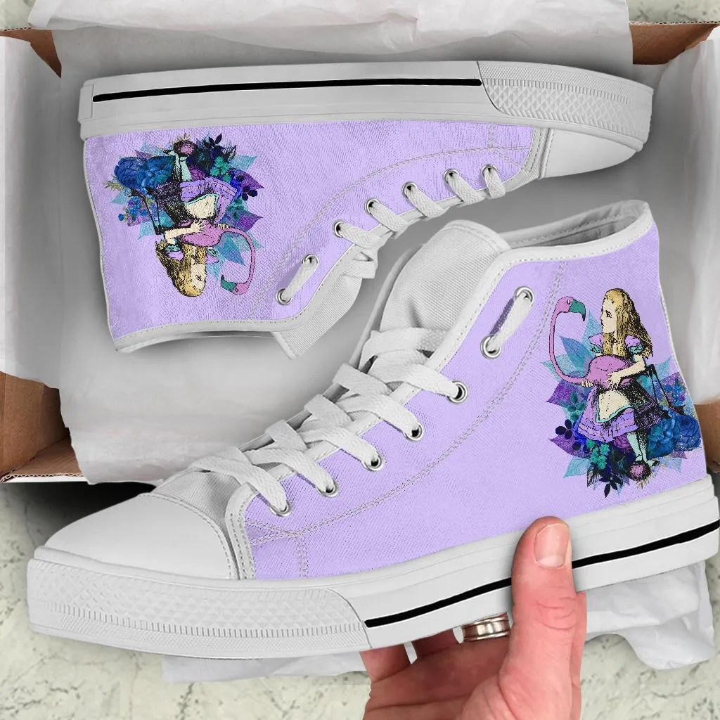 Denim Dress Shoes High Top Sneakers - Alice in Wonderland Gifts #22 White/Purple | Birthday Gifts, Gift Idea, Custom Sneakers Women, Custom Women's Sneakers