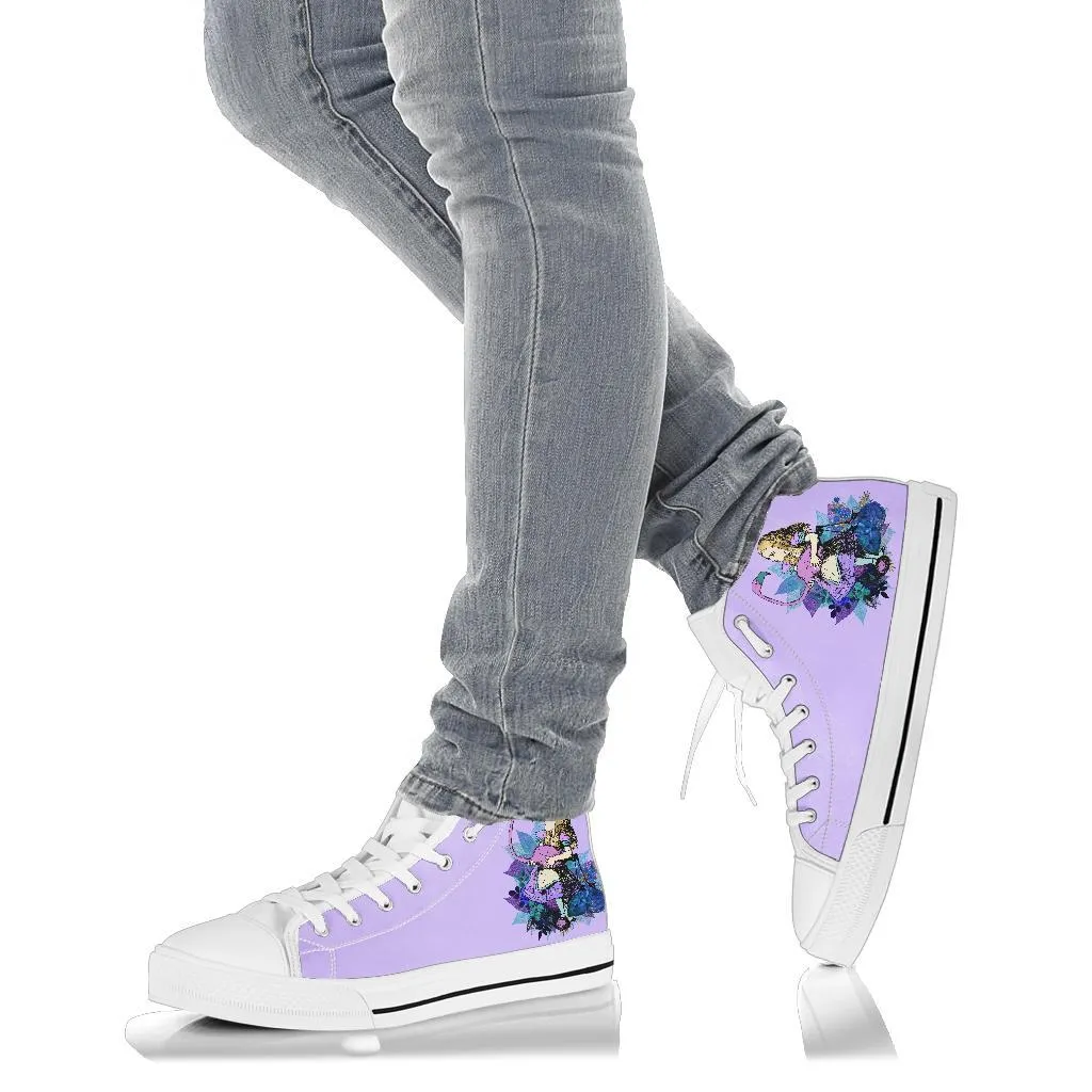 High Top Sneakers - Alice in Wonderland Gifts #22 White/Purple | Birthday Gifts, Gift Idea, Custom Sneakers Women, Custom Women's Sneakers Salvatore Ferragamo Dress Shoes