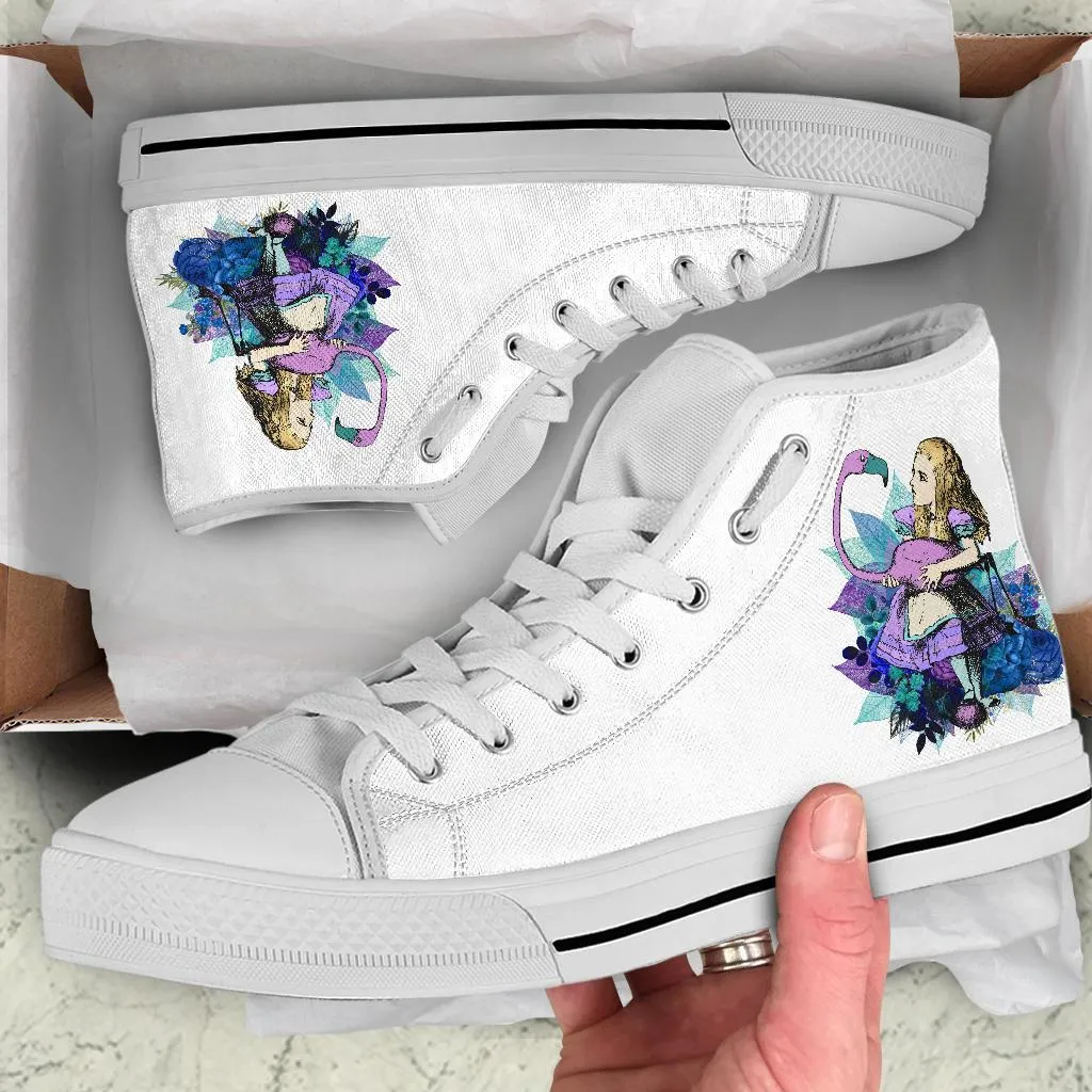 High Top Sneakers - Alice in Wonderland Gifts #22 White/Purple | Birthday Gifts, Gift Idea, Custom Sneakers Women, Custom Women's Sneakers Dress Shoes Graduation